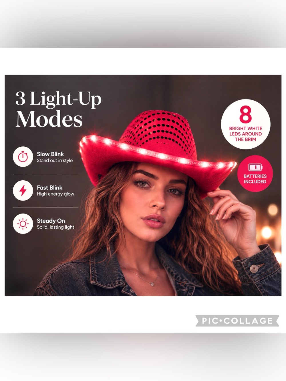NEW Red Light Up Cowboy Hat LED Sequin Western Party Hat Unisex